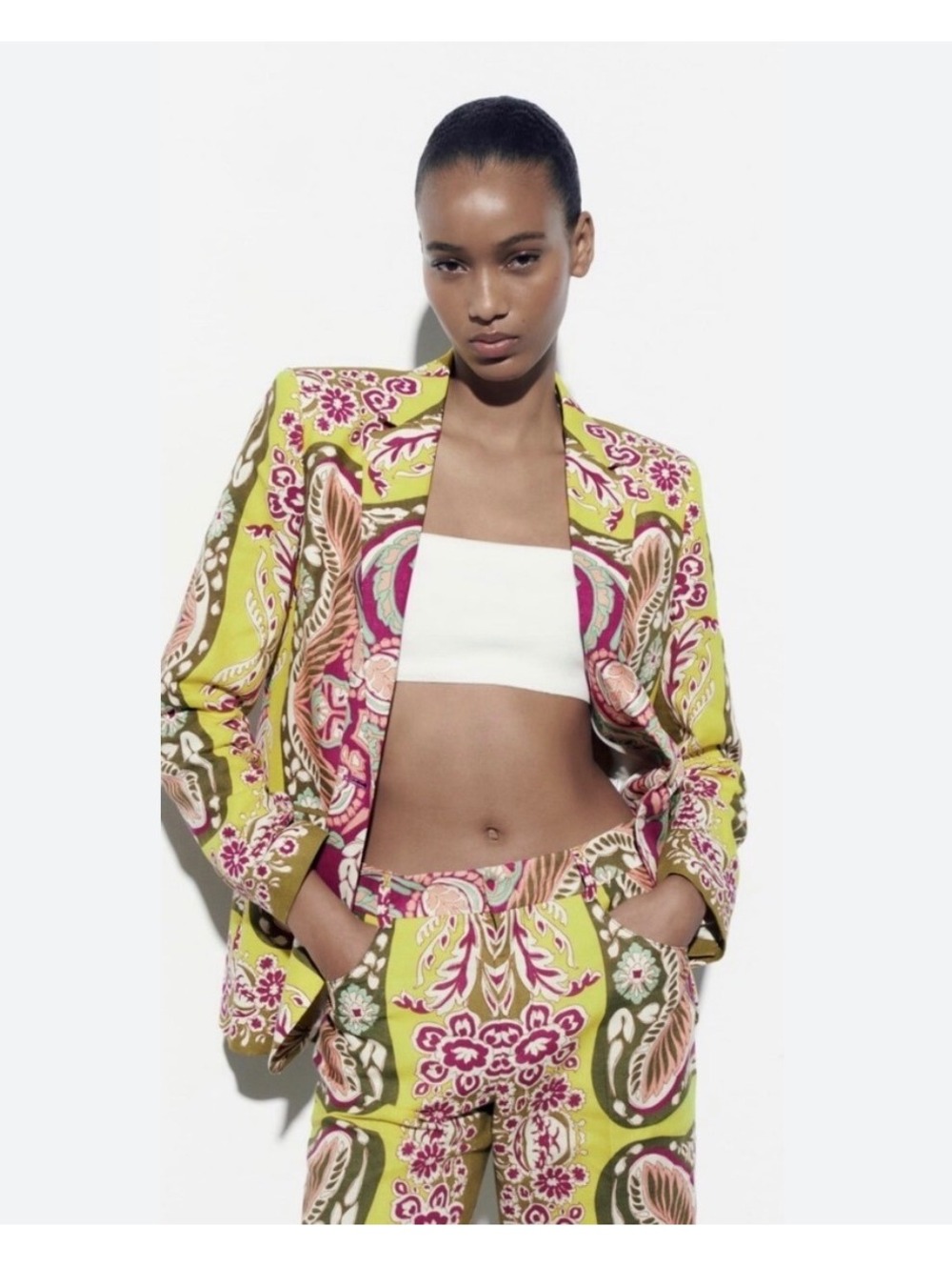 Zara Linen Blend funky Printed Blazer Women’s Size S NWOT